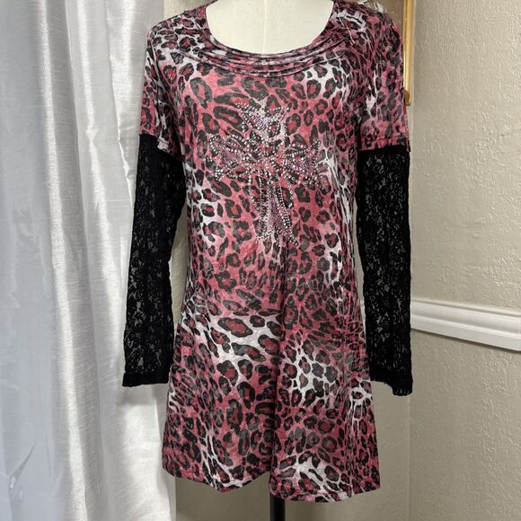 Lady Noir Leopard Rhinestone Motorcycle Top Blouse Embellished Red Size L - Picture 2 of 14